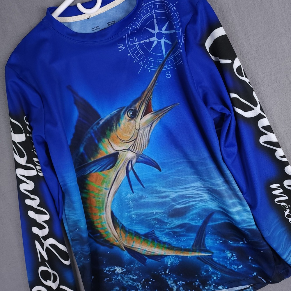 Cozumel Mexico Fishing Shirt Mens L Blue AOP Marlin Compass Graphic Performance